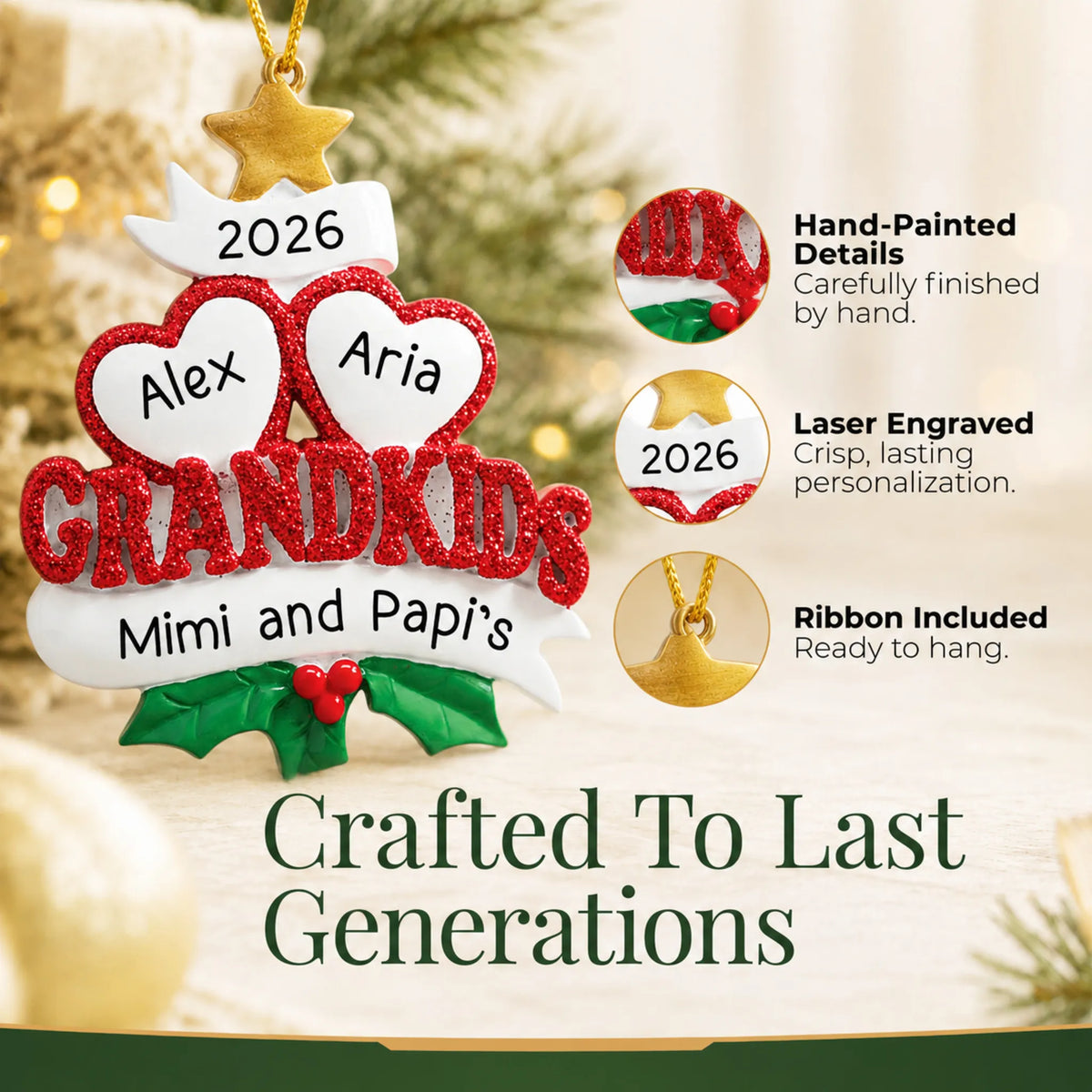 Hand-painted details and laser engraved personalization on the grandkids 2 hearts christmas ornament, ribbon included
