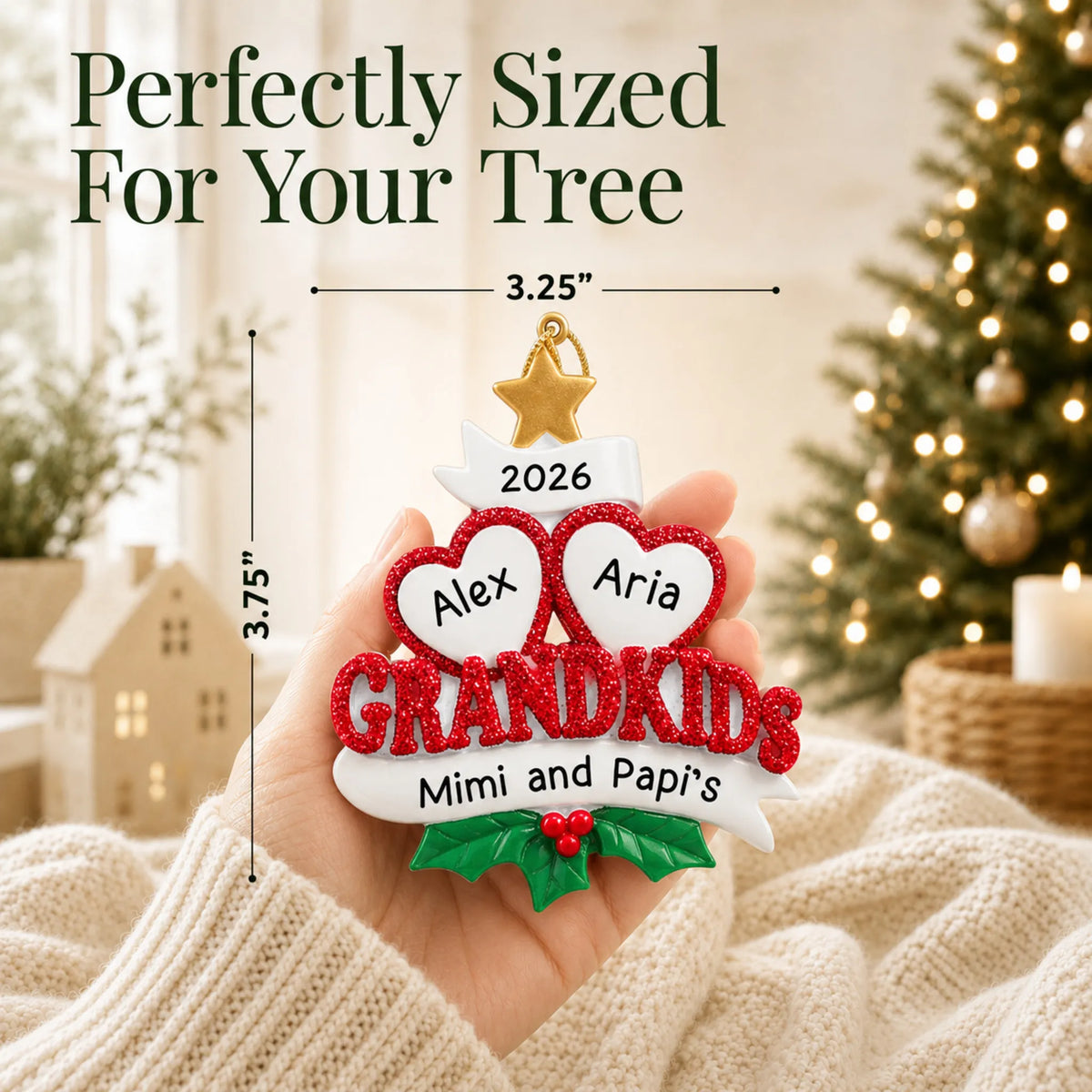 Size guide: the personalized grandkids 2 hearts christmas ornament is 3.25 in wide by 3.75 in tall, shown in hand