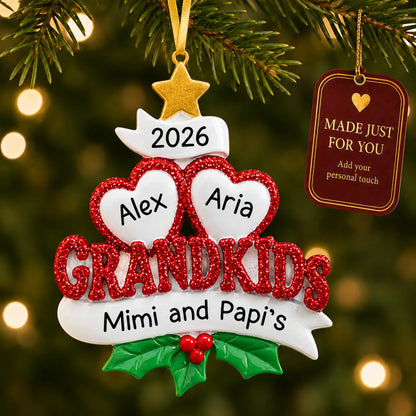 Grandkids 2 hearts christmas ornament hanging on a lit Christmas tree with a Made Just For You gift tag