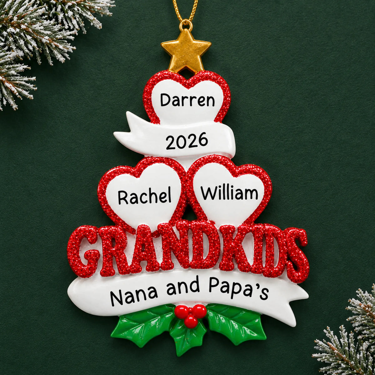 Personalized grandkids 3 hearts christmas ornament on a dark green pine background