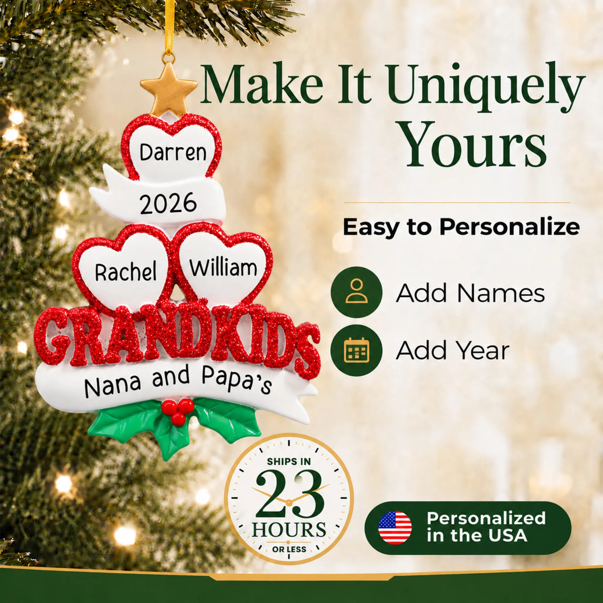 Make it yours: personalize the grandkids 3 hearts christmas ornament