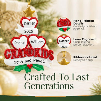 Hand-painted details and laser engraved personalization on the grandkids 3 hearts christmas ornament, ribbon included