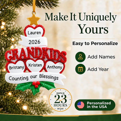 Make it yours: personalize the grandkids 4 hearts christmas ornament