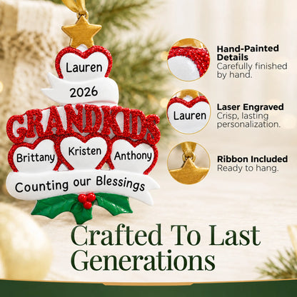 Hand-painted details and laser engraved personalization on the grandkids 4 hearts christmas ornament, ribbon included