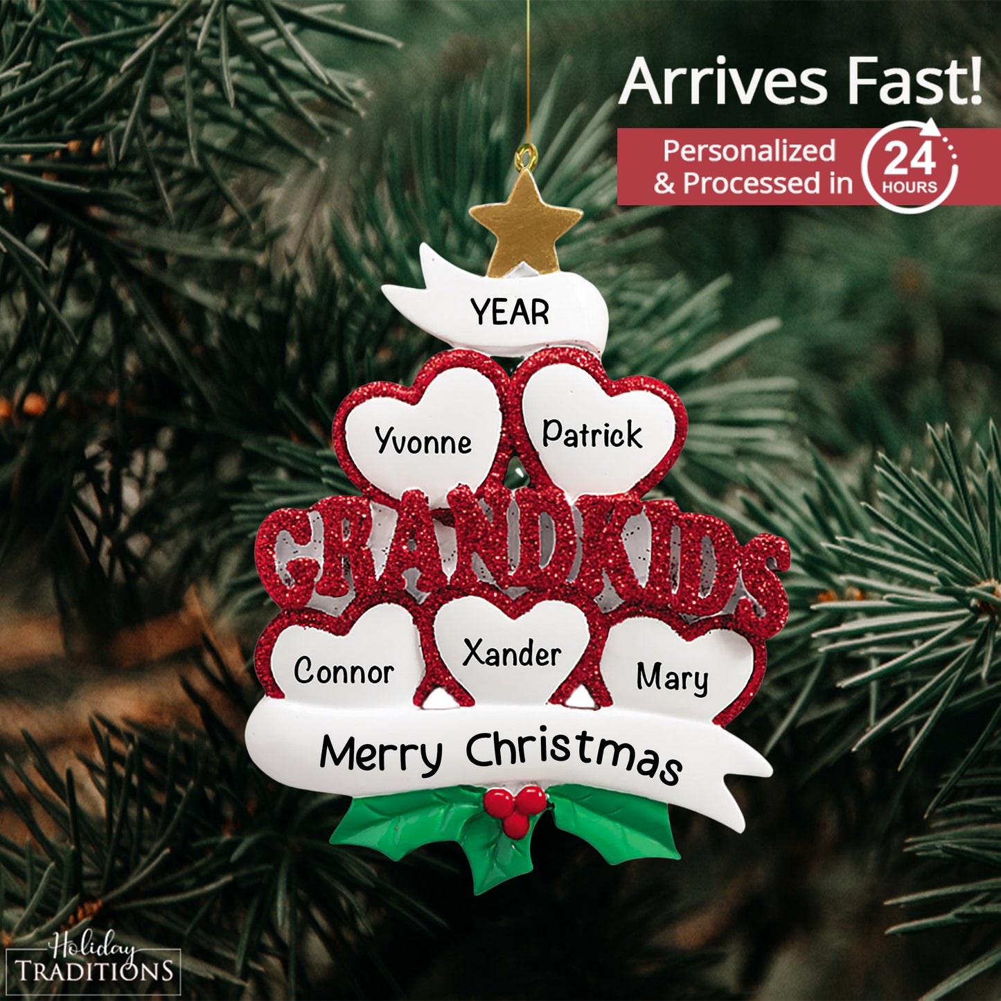 Grandkids Hearts Family of 5 Christmas Ornament