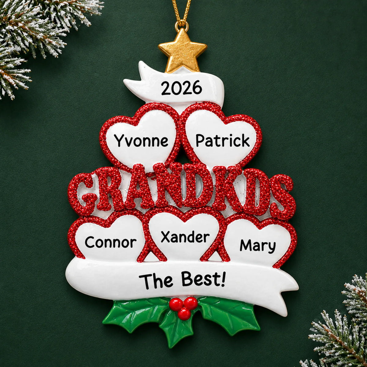 Personalized grandkids 5 hearts christmas ornament on a dark green pine background