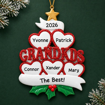 Personalized grandkids 5 hearts christmas ornament on a dark green pine background