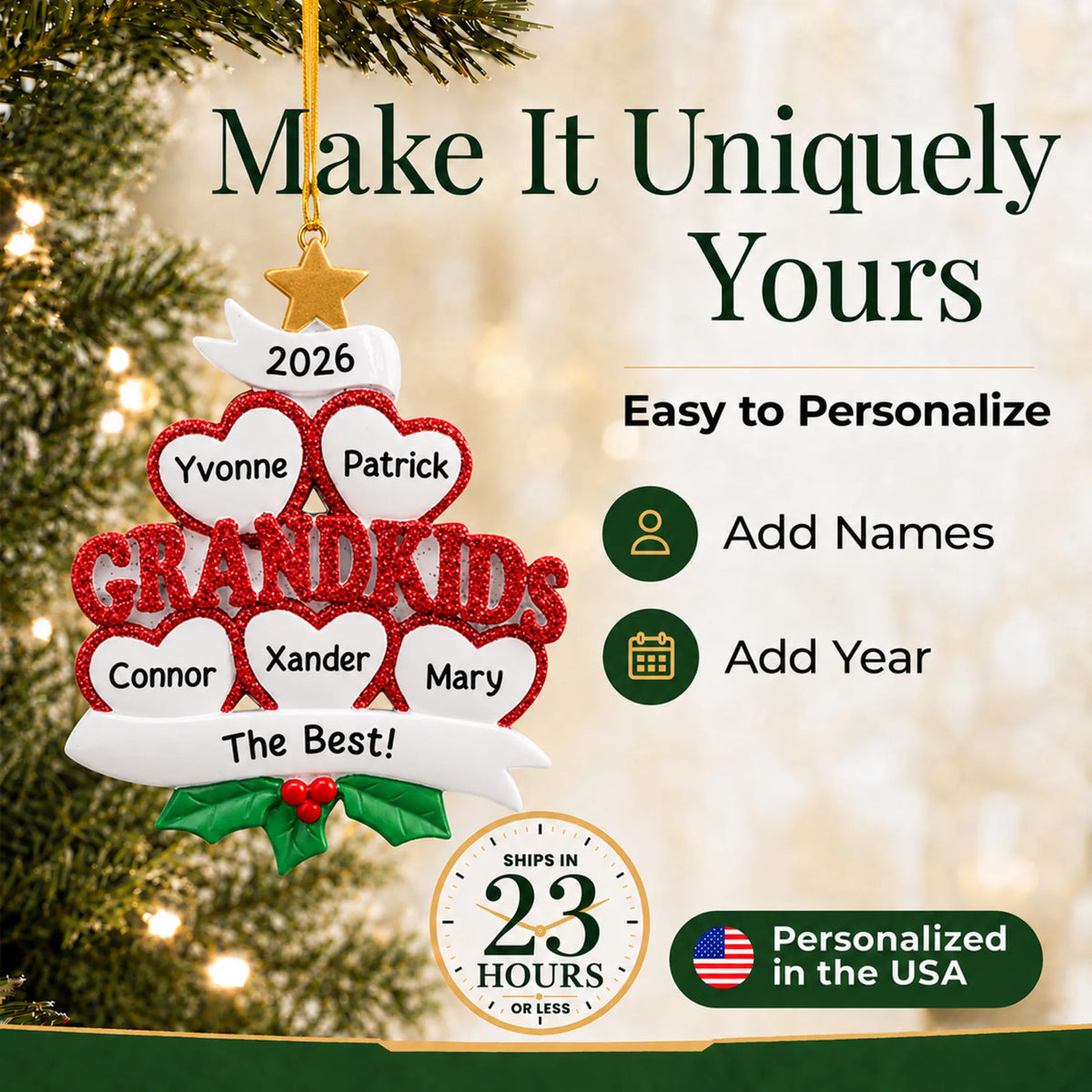Make it yours: personalize the grandkids 5 hearts christmas ornament
