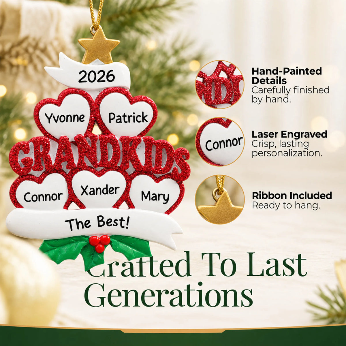 Hand-painted details and laser engraved personalization on the grandkids 5 hearts christmas ornament, ribbon included