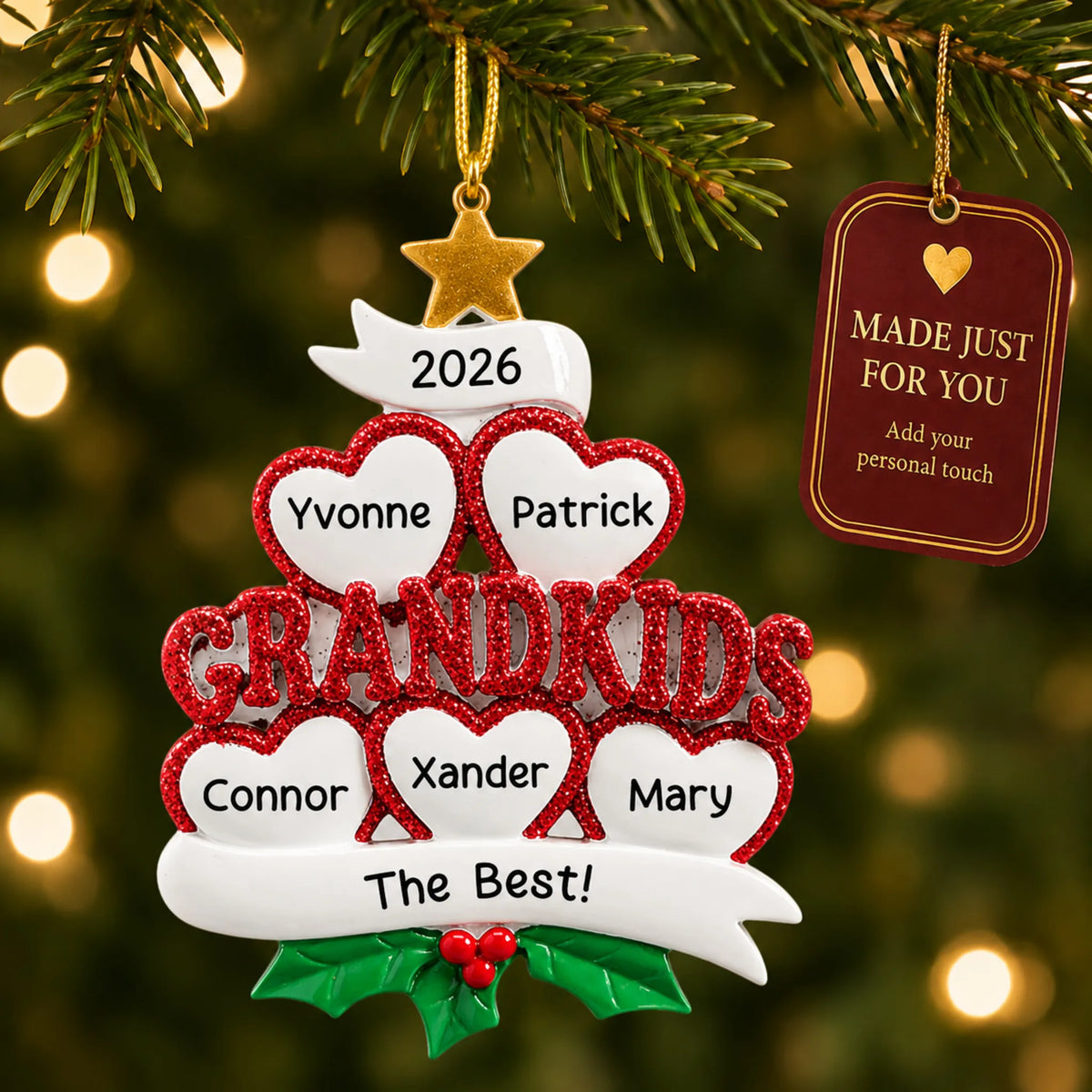 Grandkids 5 hearts christmas ornament hanging on a lit Christmas tree with a Made Just For You gift tag
