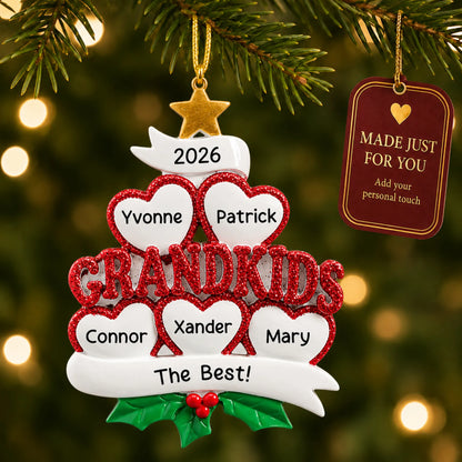 Grandkids 5 hearts christmas ornament hanging on a lit Christmas tree with a Made Just For You gift tag