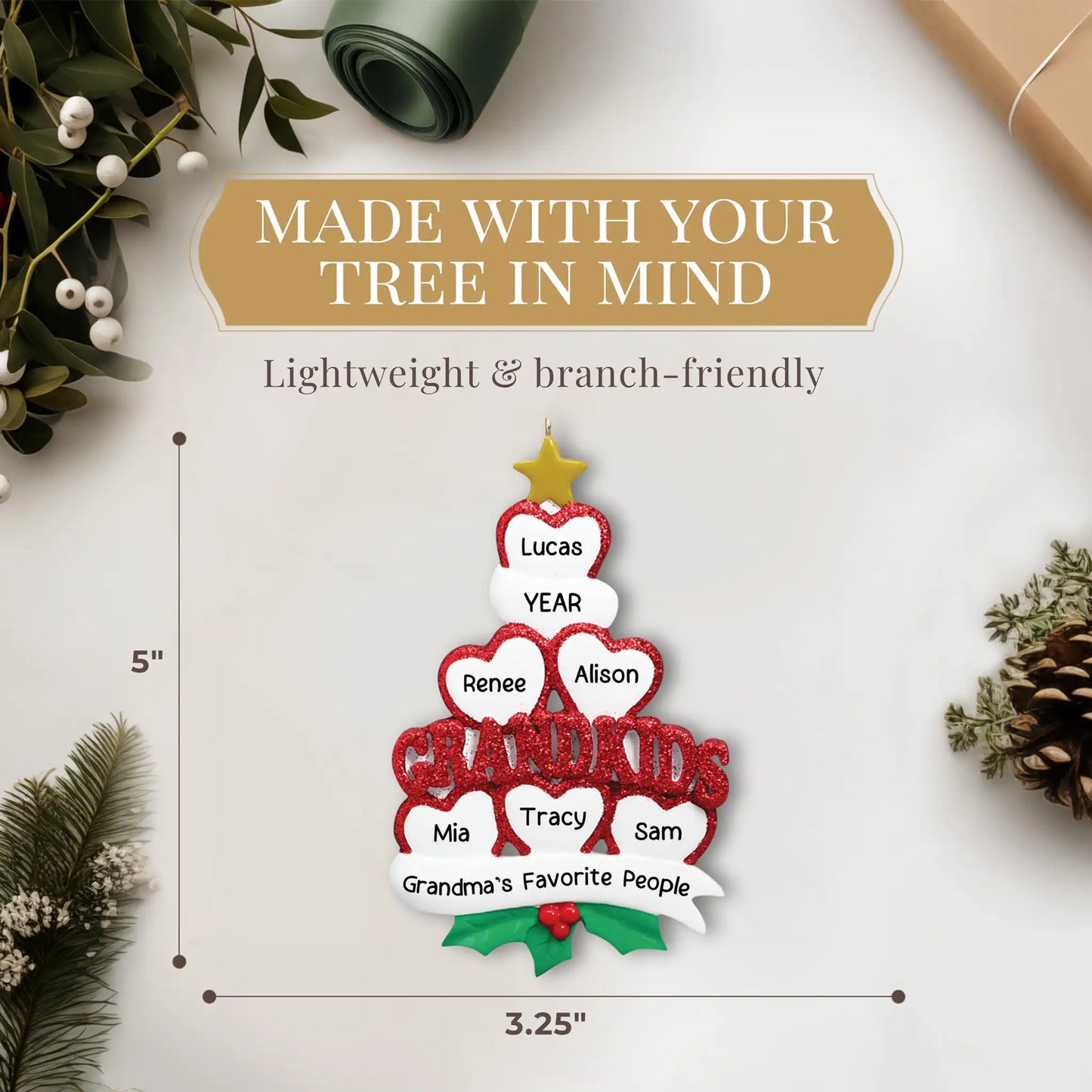 Adorno navideño de la familia de 6 nietos con corazones 