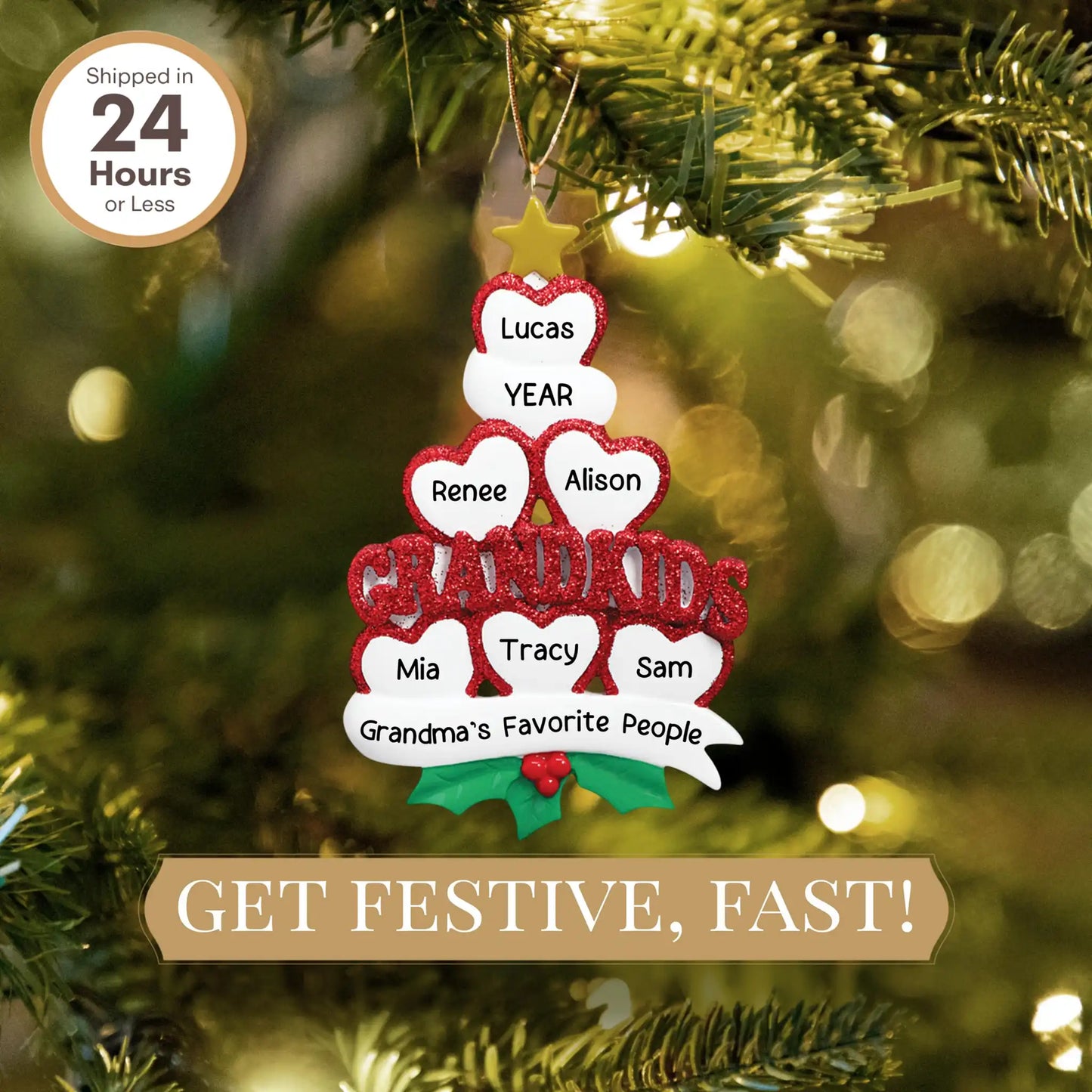 Adorno navideño de la familia de 6 nietos con corazones 