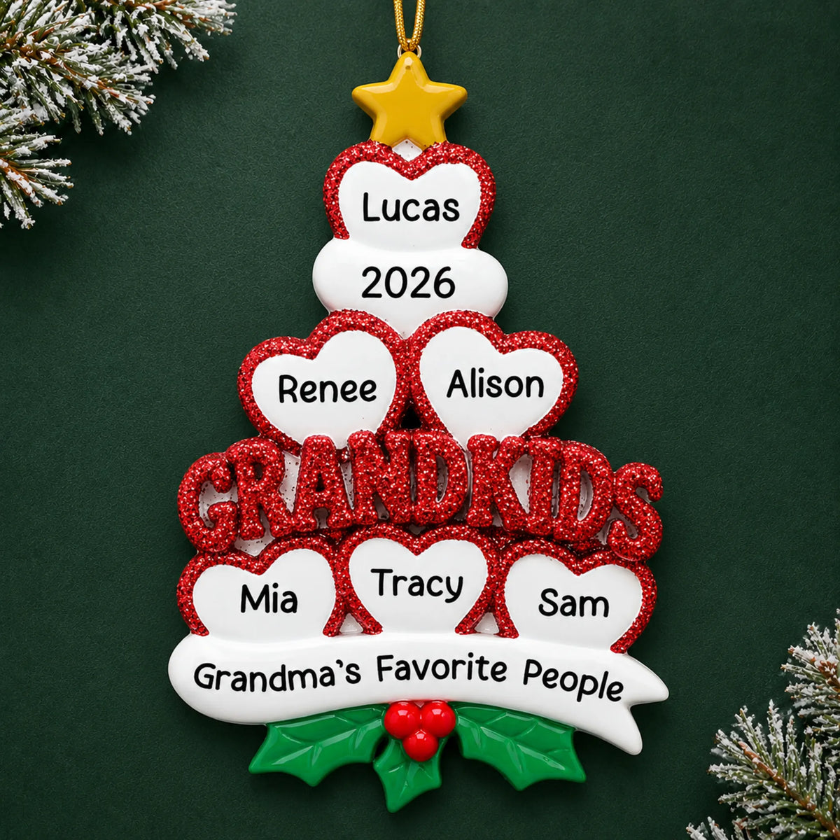 Personalized grandkids 6 hearts christmas ornament on a dark green pine background