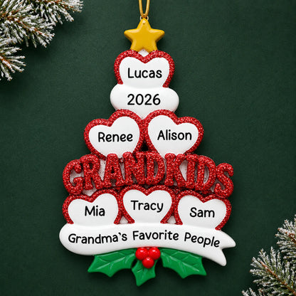 Personalized grandkids 6 hearts christmas ornament on a dark green pine background