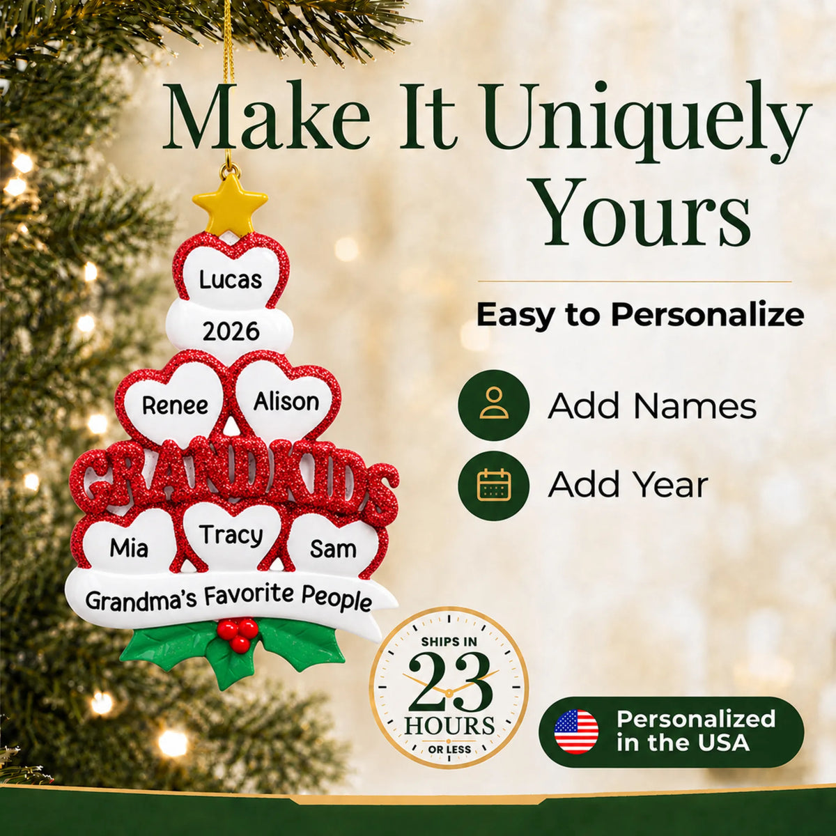 Make it yours: personalize the grandkids 6 hearts christmas ornament