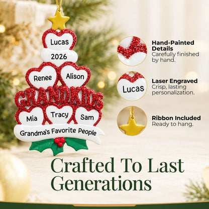 Hand-painted details and laser engraved personalization on the grandkids 6 hearts christmas ornament, ribbon included