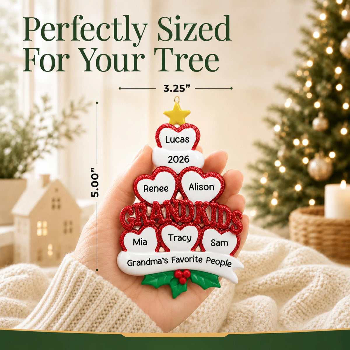 Size guide: the personalized grandkids 6 hearts christmas ornament is 3.25 in wide by 5.00 in tall, shown in hand