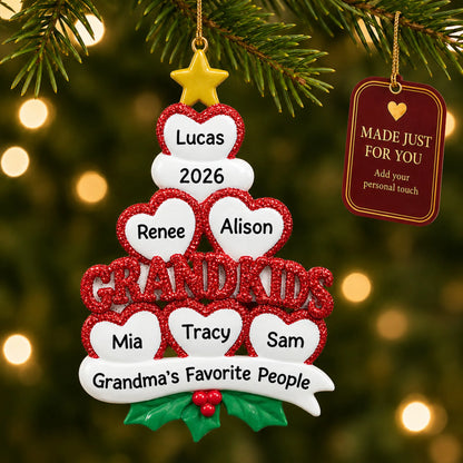 Grandkids 6 hearts christmas ornament hanging on a lit Christmas tree with a Made Just For You gift tag