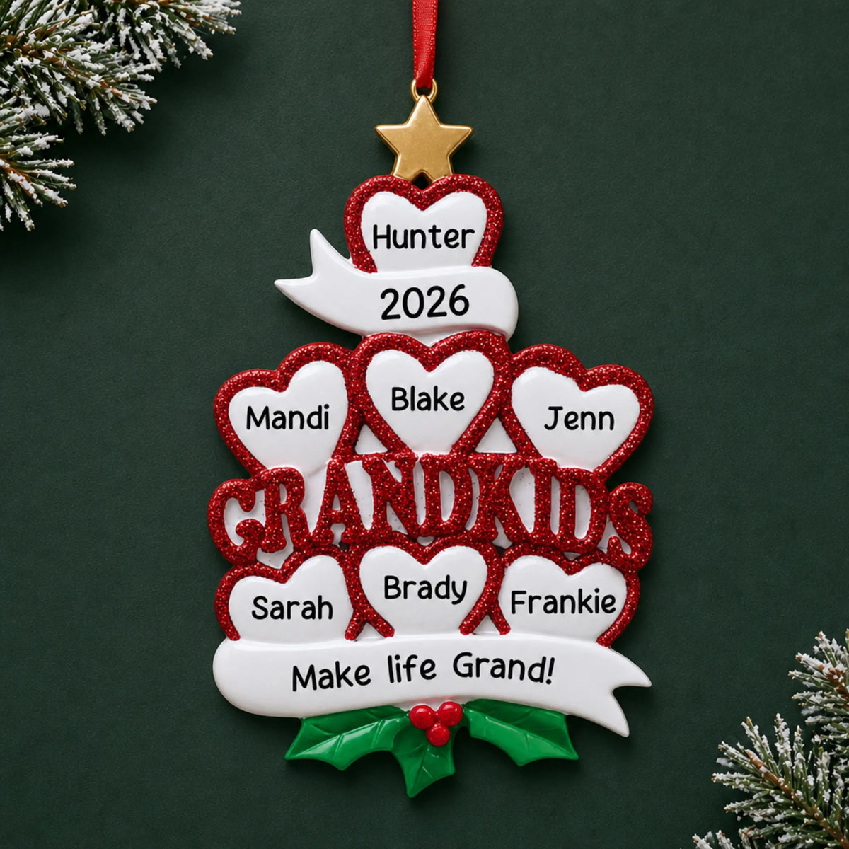 Personalized grandkids 7 hearts christmas ornament on a dark green pine background