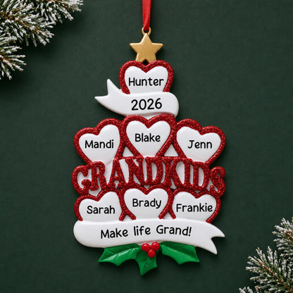Personalized grandkids 7 hearts christmas ornament on a dark green pine background