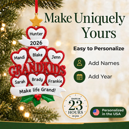 Make it yours: personalize the grandkids 7 hearts christmas ornament