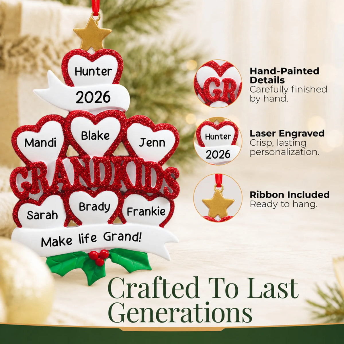 Hand-painted details and laser engraved personalization on the grandkids 7 hearts christmas ornament, ribbon included