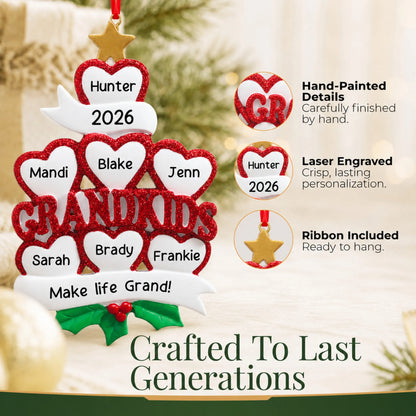Hand-painted details and laser engraved personalization on the grandkids 7 hearts christmas ornament, ribbon included