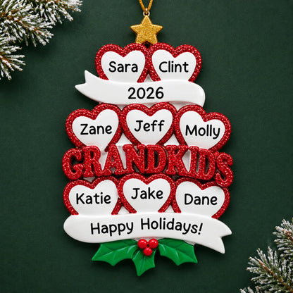 Personalized grandkids 8 hearts christmas ornament on a dark green pine background