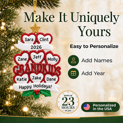 Make it yours: personalize the grandkids 8 hearts christmas ornament