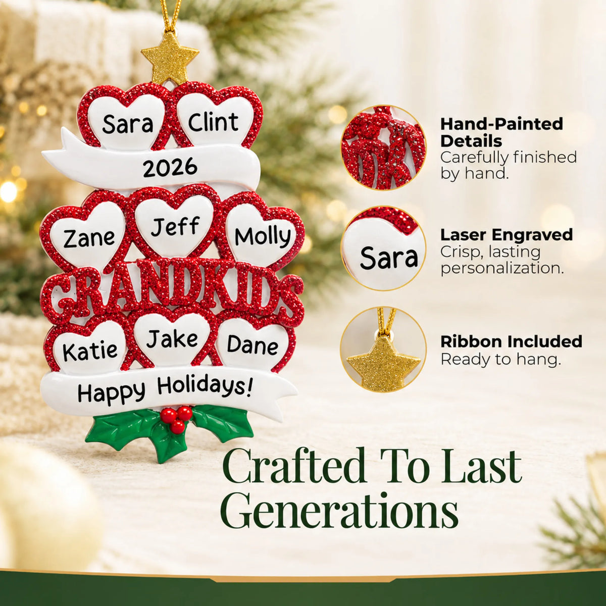 Hand-painted details and laser engraved personalization on the grandkids 8 hearts christmas ornament, ribbon included