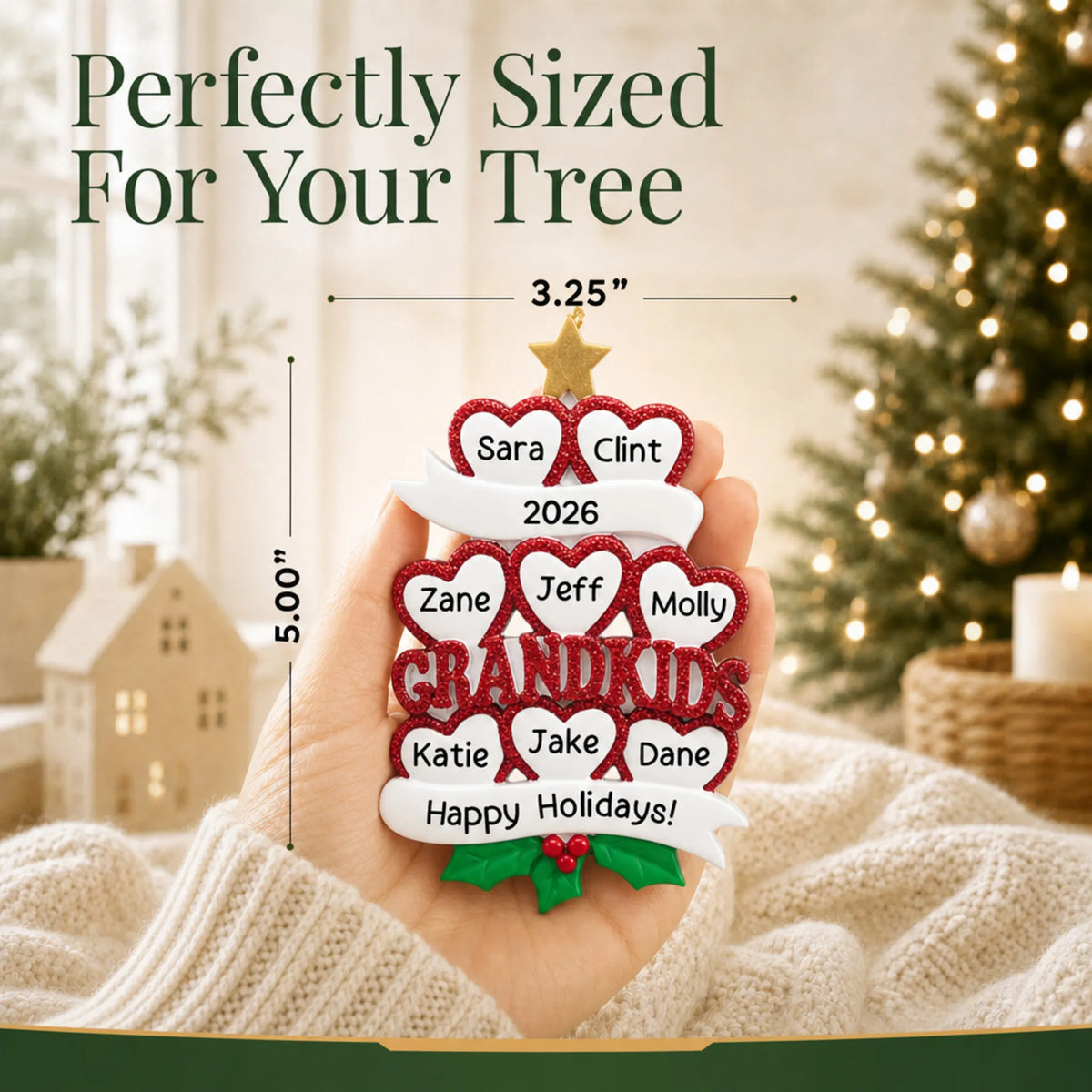 Size guide: the personalized grandkids 8 hearts christmas ornament is 3.25 in wide by 5.00 in tall, shown in hand
