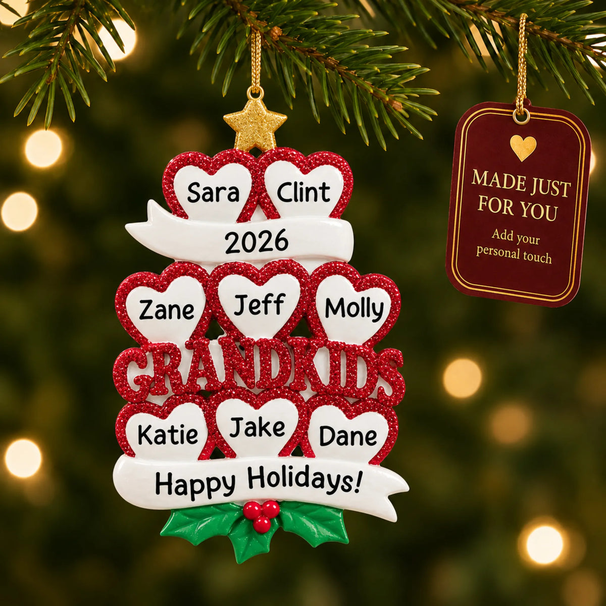 Grandkids 8 hearts christmas ornament hanging on a lit Christmas tree with a Made Just For You gift tag