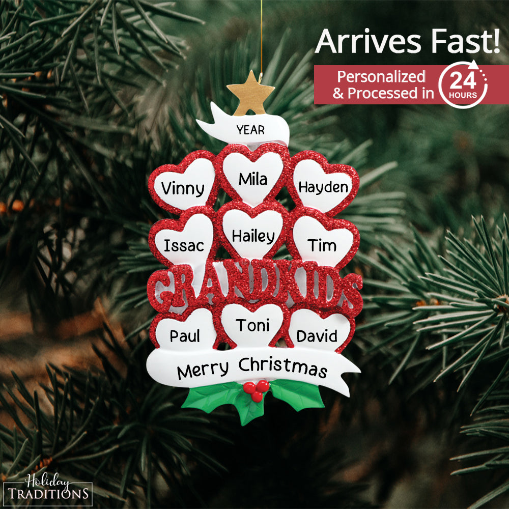 Grandkids Hearts Family of 9 Christmas Ornament