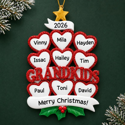 Personalized grandkids 9 hearts christmas ornament on a dark green pine background