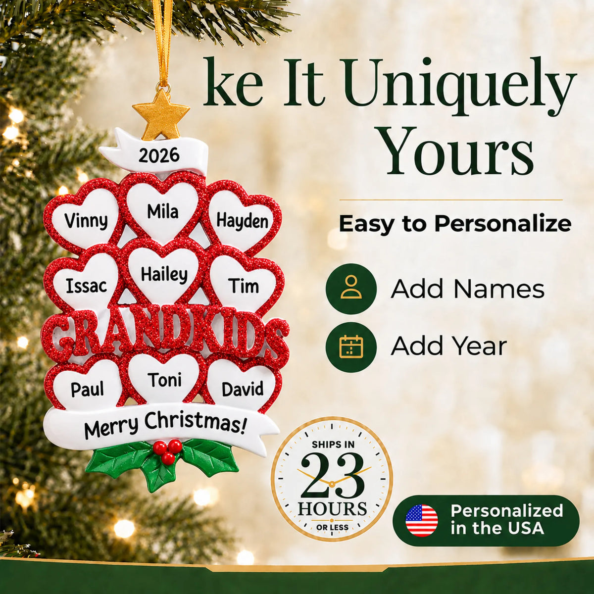 Make it yours: personalize the grandkids 9 hearts christmas ornament