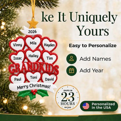 Make it yours: personalize the grandkids 9 hearts christmas ornament