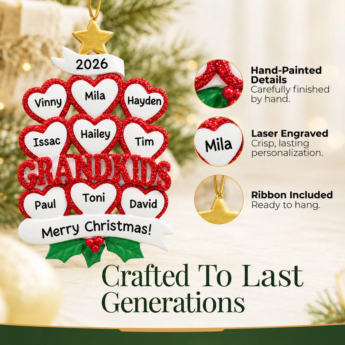 Hand-painted details and laser engraved personalization on the grandkids 9 hearts christmas ornament, ribbon included