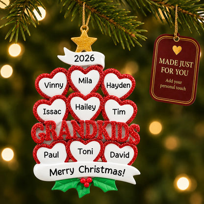 Grandkids 9 hearts christmas ornament hanging on a lit Christmas tree with a Made Just For You gift tag