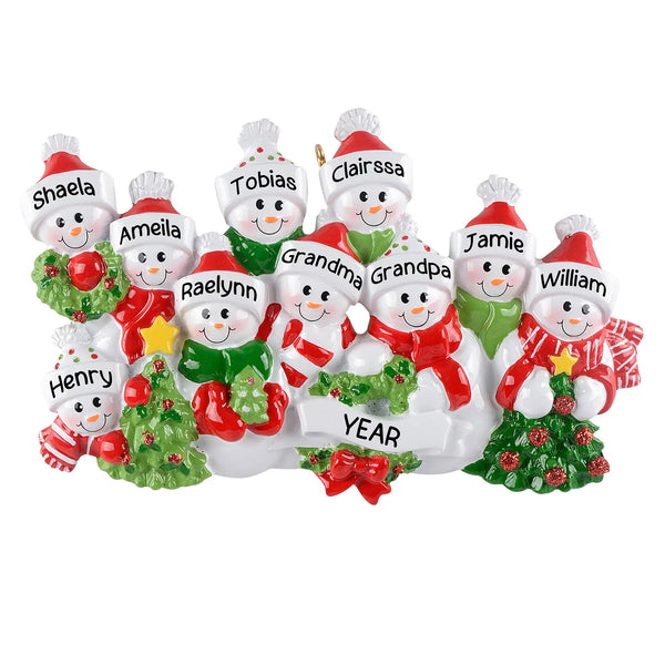 Personalized Christmas ornament featuring a large group of ten snowmen decorated with red and green scarves and hats, ready for individual family name engraving.