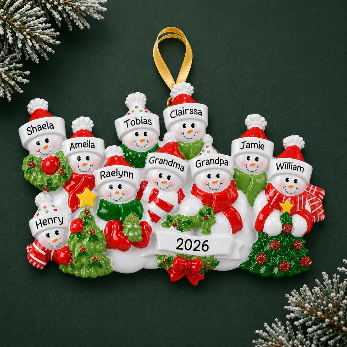 Personalized snowman family of 10 Christmas ornament, ten snowmen with custom names and 2026 on green