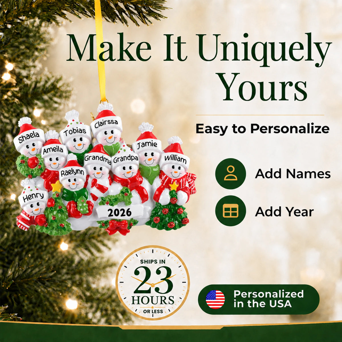 Make it yours: add names and year to the personalized snowman family of 10 Christmas ornament, ships in 23 hours