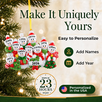 Make it yours: add names and year to the personalized snowman family of 10 Christmas ornament, ships in 23 hours