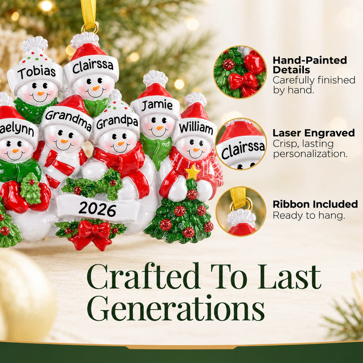 Hand-painted, laser-engraved personalized snowman family of 10 Christmas ornament with ribbon ready to hang