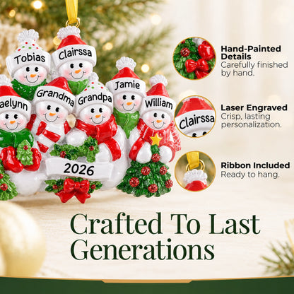 Hand-painted, laser-engraved personalized snowman family of 10 Christmas ornament with ribbon ready to hang