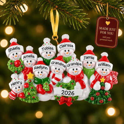 Personalized snowman family of 10 Christmas ornament on tree with a Made Just For You gift tag