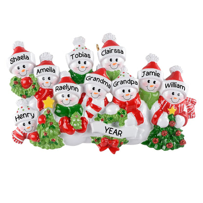 Personalized snowman family of 10 Christmas ornament, a large snowman group with ten names and the year