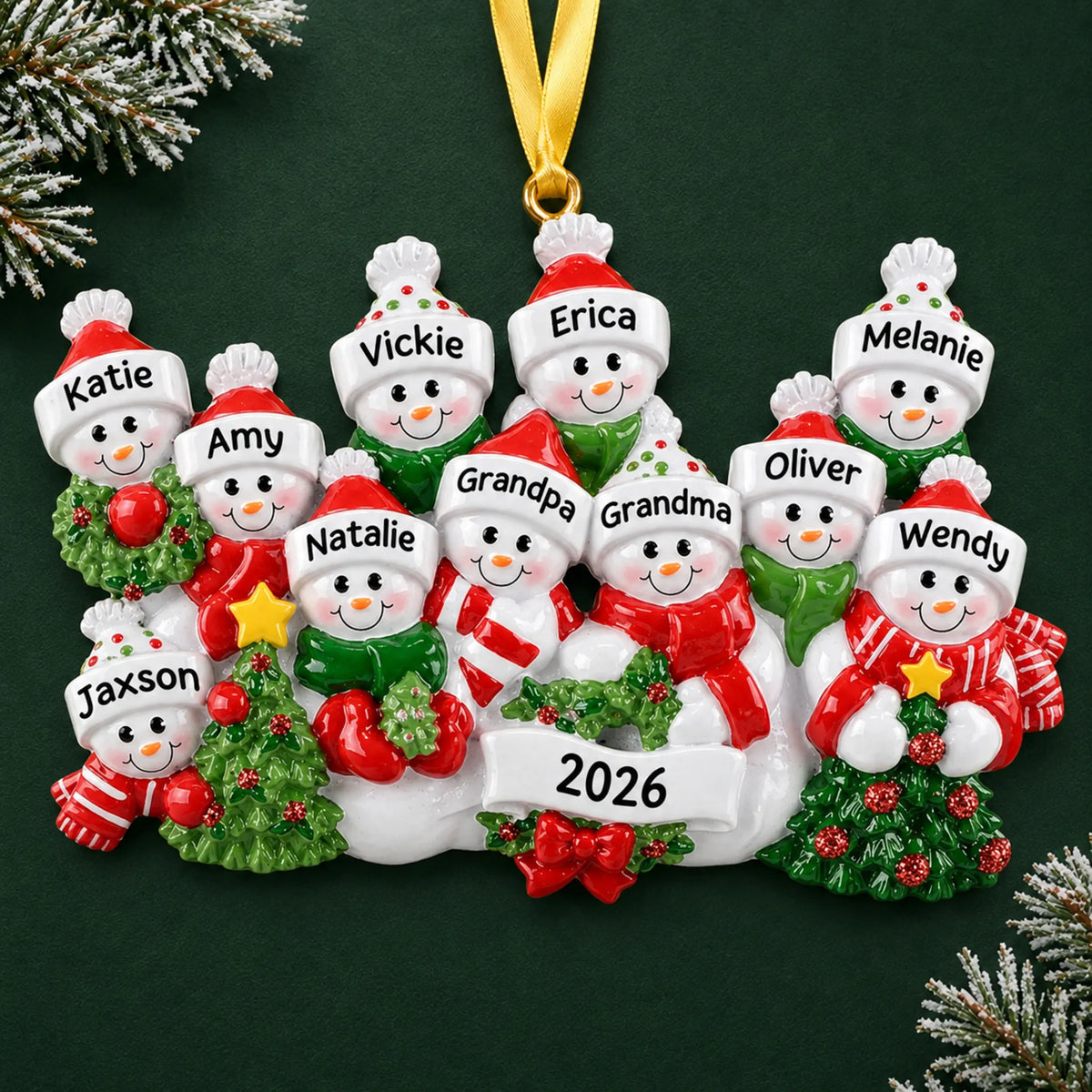 Personalized snowman family of 11 christmas ornament on a dark green pine background