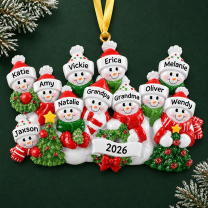 Personalized snowman family of 11 christmas ornament on a dark green pine background