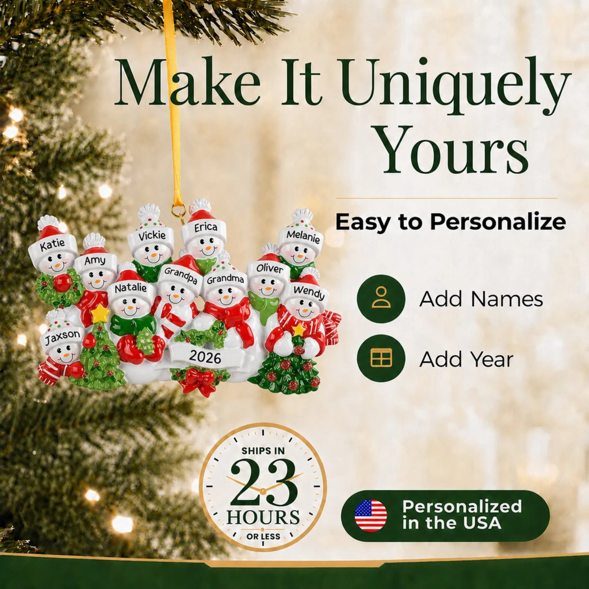 Make it yours: add names and year to the personalized snowman family of 11 christmas ornament